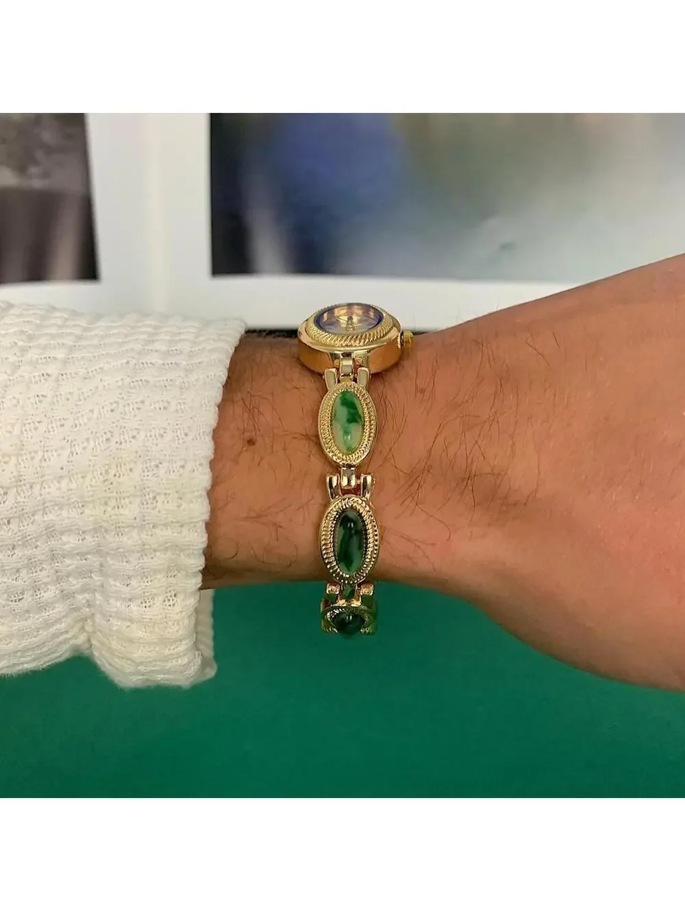 Y2K Gold Green Dainty Quartz Opal Jade Watch 8 Inch Unisex